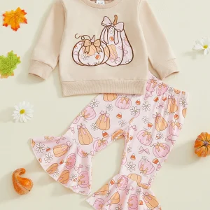 Toddler Girl Halloween Costume Set Long Sleeve Pumpkin Embroidery Top and Pants with Bow 2 Piece Outfit Baby Clothes for Fall